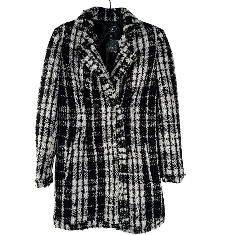 NWT G by Giuliana Long Boucle Tweed Plaid Double Breasted Coat Jacket Size S